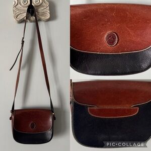 Vintage Michel Clos Italian Leather Shoulder crossbody saddle Bag, two tone